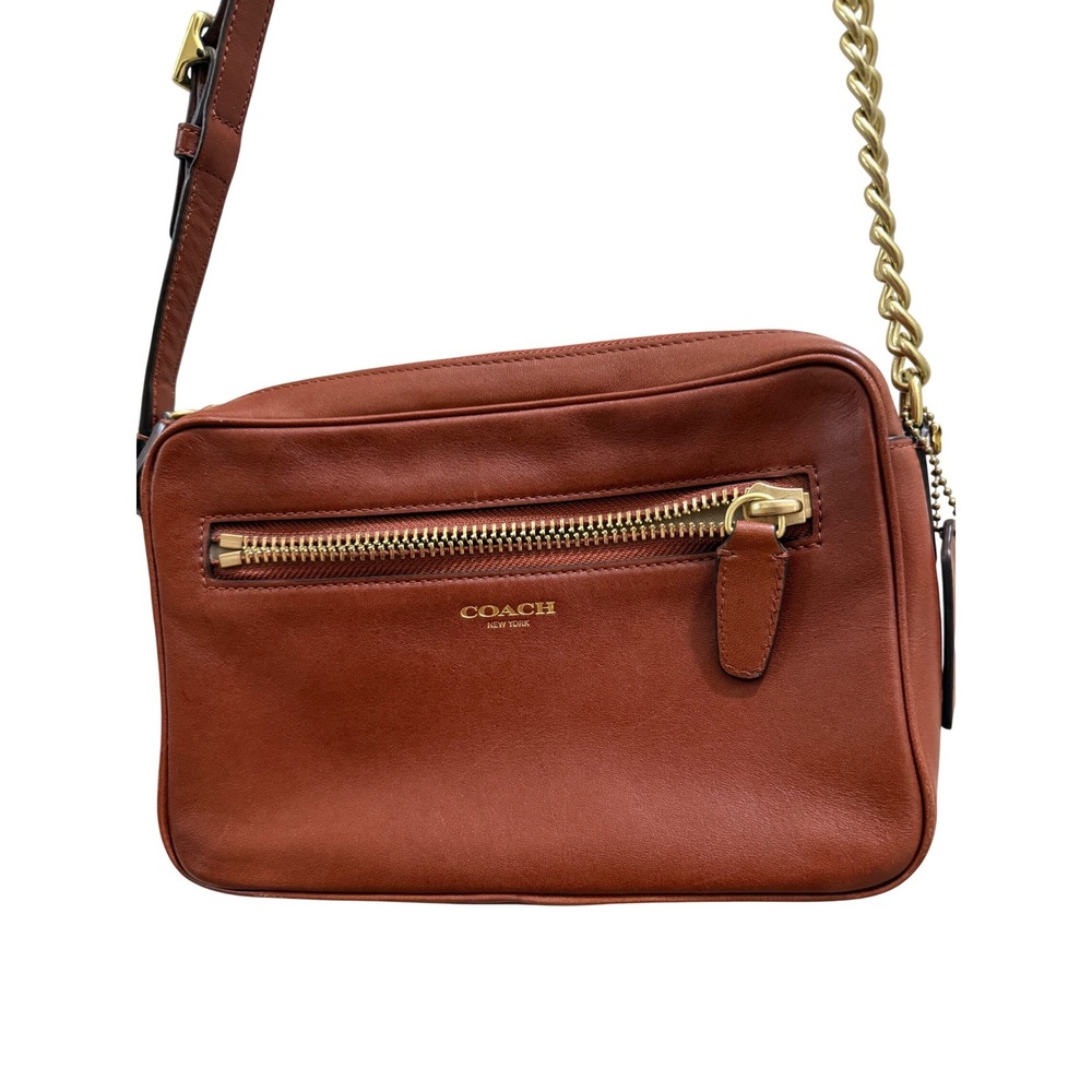 Coach Legacy Leather Flight Cognac Brown Leather Crossbody Bag Gold Chain 25362